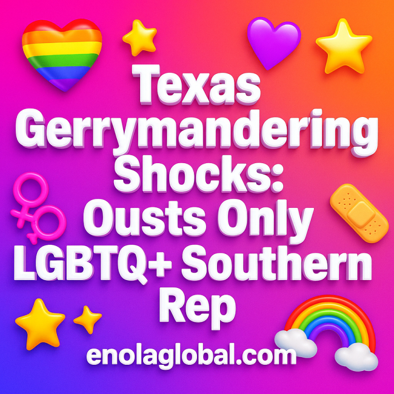 Texas Gerrymandering Shocks: Ousts Only LGBTQ+ Southern Rep Square news graphic showing a post title named "Texas Gerrymandering Shocks: Ousts Only LGBTQ+ Southern Rep" in bold white text on a pink–orange–purple gradient, with a rainbow heart, purple heart, and interlinked female symbols; enolaglobal.com at the bottom.