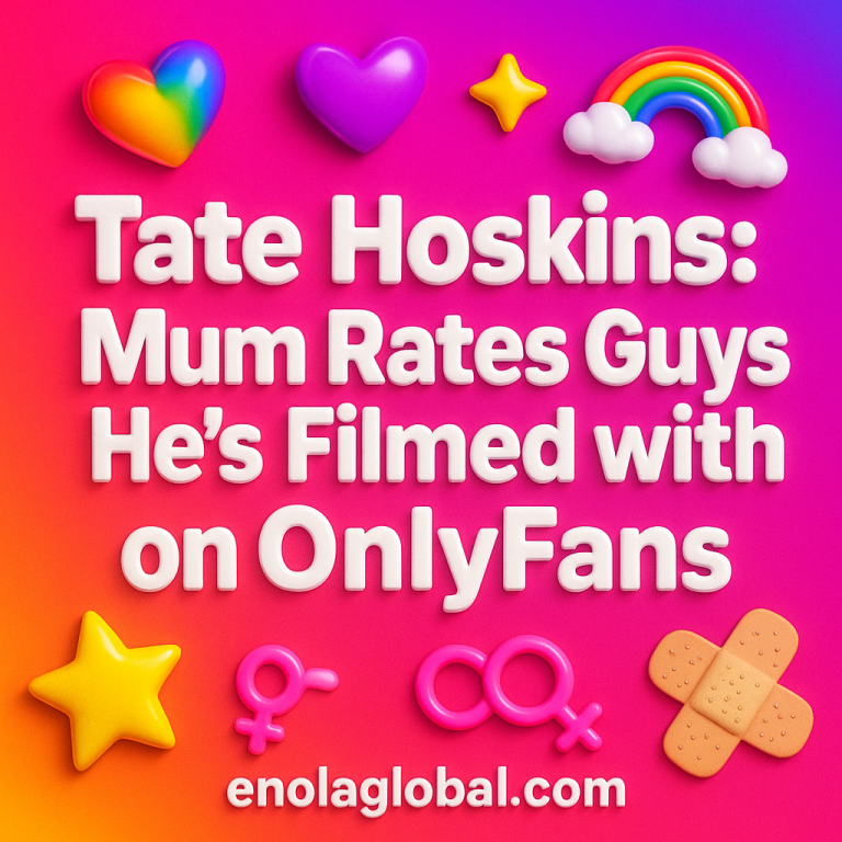 Tate Hoskins: Mum Rates 5 Guys He's Filmed with on OnlyFans Square news graphic showing a post title named "Tate Hoskins: Mum Rates 5 Guys He's Filmed with on OnlyFans" in bold white text on a pink–orange–purple gradient, with a rainbow heart, purple heart, and interlinked female symbols; enolaglobal.com at the bottom.