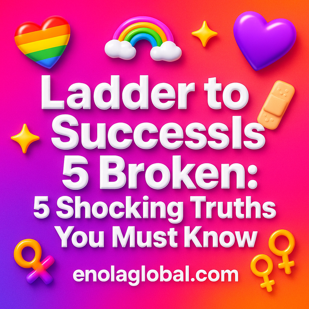 Ladder to Success Is Broken: 5 Shocking Truths You Must Know Square news graphic showing a post title named "Ladder to Success Is Broken: 5 Shocking Truths You Must Know" in bold white text on a pink–orange–purple gradient, with a rainbow heart, purple heart, and interlinked female symbols; enolaglobal.com at the bottom.