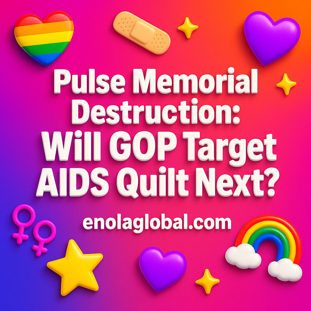 Pulse Memorial Destruction: Will GOP Target AIDS Quilt Next? Square news graphic showing a post title named "Pulse Memorial Destruction: Will GOP Target AIDS Quilt Next?" in bold white text on a pink–orange–purple gradient, with a rainbow heart, purple heart, and interlinked female symbols; enolaglobal.com at the bottom.