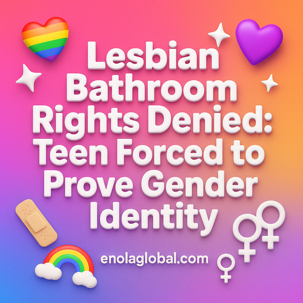 Lesbian Bathroom Rights Denied: Teen Forced to Prove Gender Identity Square news graphic showing a post title named "Lesbian Bathroom Rights Denied: Teen Forced to Prove Gender Identity" in bold white text on a pink–orange–purple gradient, with a rainbow heart, purple heart, and interlinked female symbols; enolaglobal.com at the bottom.
