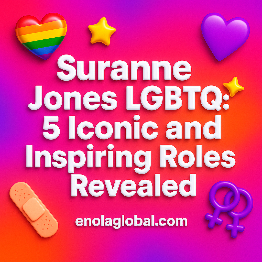 Suranne Jones LGBTQ: 5 Iconic and Inspiring Roles Revealed Square news graphic showing a post title named "Suranne Jones LGBTQ: 5 Iconic and Inspiring Roles Revealed" in bold white text on a pink–orange–purple gradient, with a rainbow heart, purple heart, and interlinked female symbols; enolaglobal.com at the bottom.