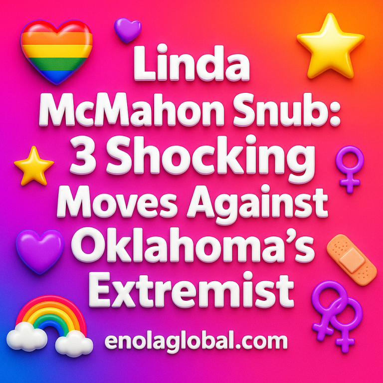 Linda McMahon Snub: 3 Shocking Moves Against Oklahoma’s Extremist Square news graphic showing a post title named "Linda McMahon Snub: 3 Shocking Moves Against Oklahoma’s Extremist" in bold white text on a pink–orange–purple gradient, with a rainbow heart, purple heart, and interlinked female symbols; enolaglobal.com at the bottom.