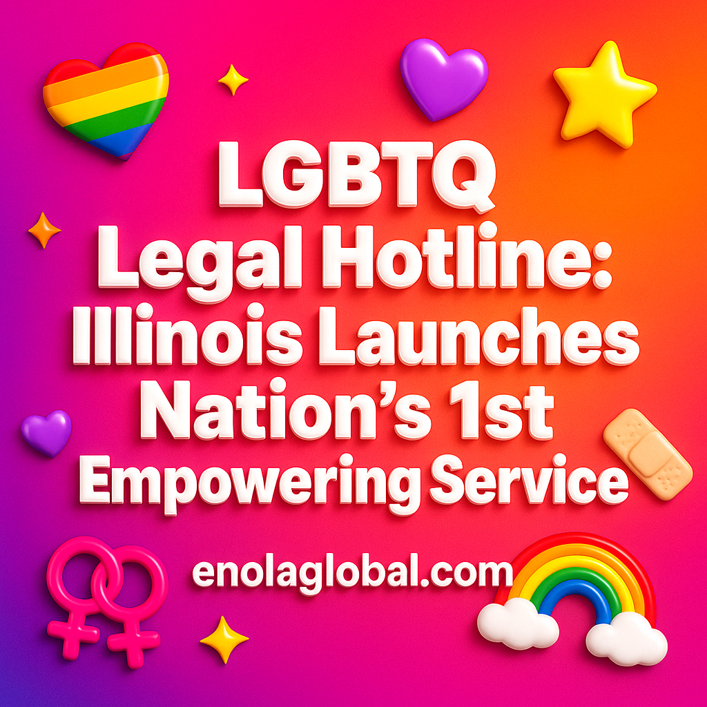 LGBTQ Legal Hotline: Illinois Launches Nation’s 1st Empowering Service Square news graphic showing a post title named "LGBTQ Legal Hotline: Illinois Launches Nation’s 1st Empowering Service" in bold white text on a pink–orange–purple gradient, with a rainbow heart, purple heart, and interlinked female symbols; enolaglobal.com at the bottom.