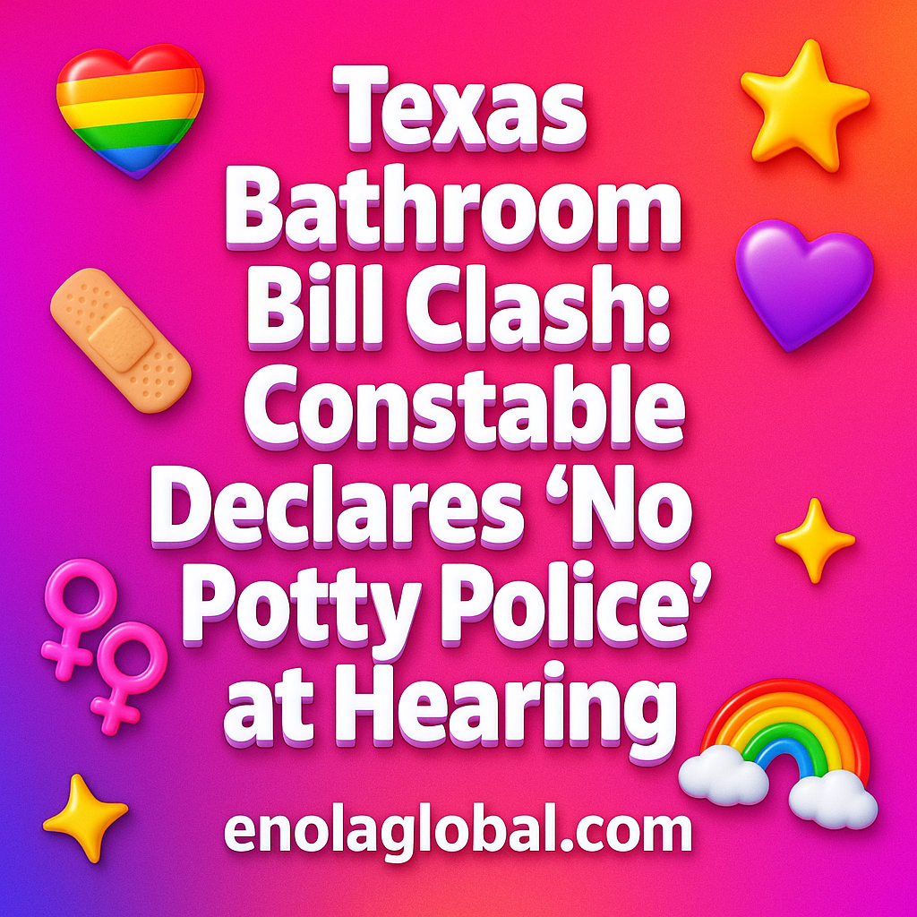 Texas Bathroom Bill Clash: Constable Declares ‘No Potty Police’ at Hearing Square news graphic showing a post title named "Texas Bathroom Bill Clash: Constable Declares ‘No Potty Police’ at Hearing" in bold white text on a pink–orange–purple gradient, with a rainbow heart, purple heart, and interlinked female symbols; enolaglobal.com at the bottom.