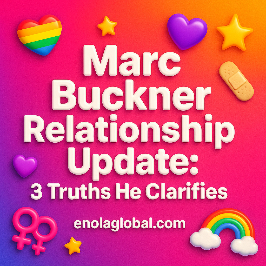 Marc Buckner Relationship Update: 3 Truths He Clarifies Square news graphic showing a post title named "Marc Buckner Relationship Update: 3 Truths He Clarifies" in bold white text on a pink–orange–purple gradient, with a rainbow heart, purple heart, and interlinked female symbols; enolaglobal.com at the bottom.