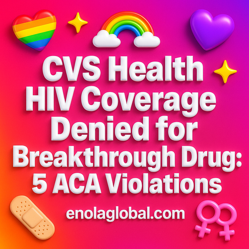 CVS Health HIV Coverage Denied for Breakthrough Drug: 5 ACA Violations Square news graphic showing a post title named "CVS Health HIV Coverage Denied for Breakthrough Drug: 5 ACA Violations" in bold white text on a pink–orange–purple gradient, with a rainbow heart, purple heart, and interlinked female symbols; enolaglobal.com at the bottom.