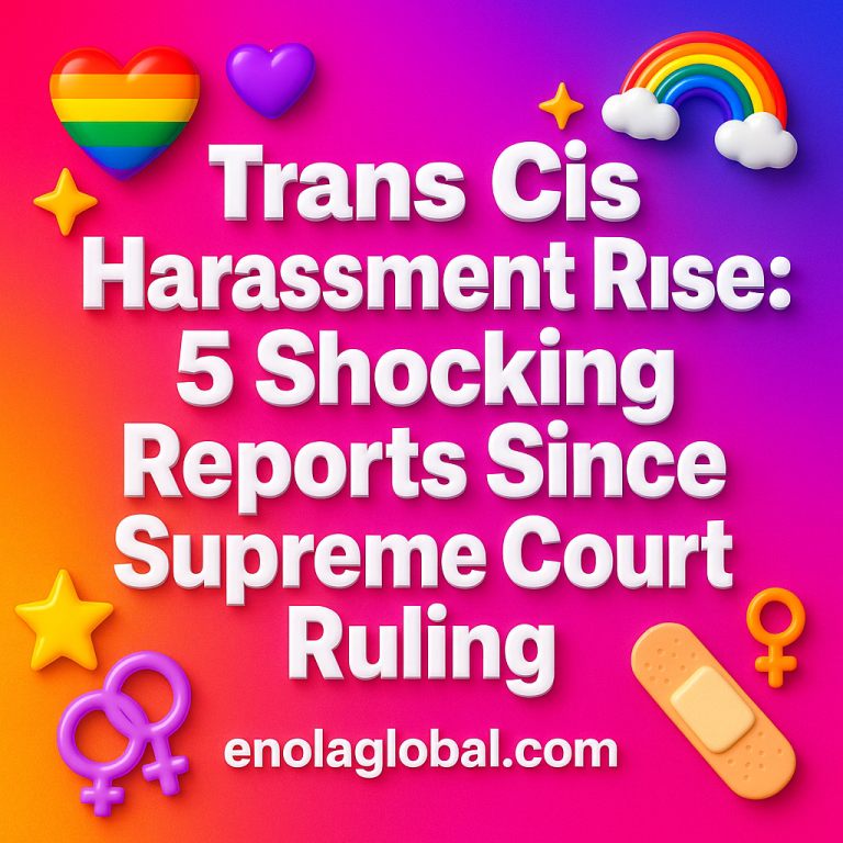 Trans Cis Harassment Rises: 5 Shocking Reports Since Supreme Court Ruling Square news graphic showing a post title named "Trans Cis Harassment Rises: 5 Shocking Reports Since Supreme Court Ruling" in bold white text on a pink–orange–purple gradient, with a rainbow heart, purple heart, and interlinked female symbols; enolaglobal.com at the bottom.