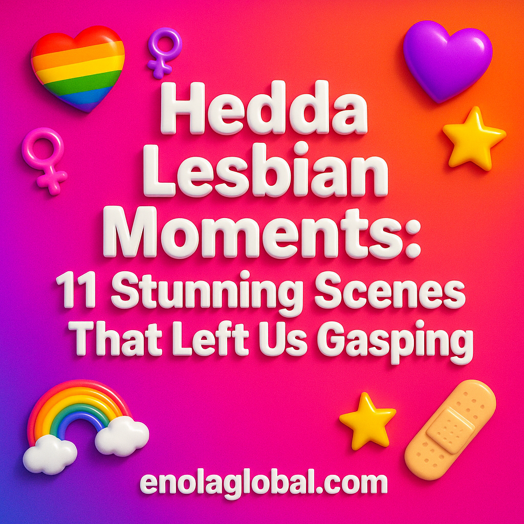 Hedda Lesbian Moments: 11 Stunning Scenes That Left Us Gasping Square news graphic showing a post title named "Hedda Lesbian Moments: 11 Stunning Scenes That Left Us Gasping" in bold white text on a pink–orange–purple gradient, with a rainbow heart, purple heart, and interlinked female symbols; enolaglobal.com at the bottom.