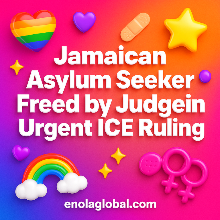 Jamaican Asylum Seeker Freed by Judge in Urgent ICE Ruling Square news graphic showing a post title named "Jamaican Asylum Seeker Freed by Judge in Urgent ICE Ruling" in bold white text on a pink–orange–purple gradient, with a rainbow heart, purple heart, and interlinked female symbols; enolaglobal.com at the bottom.