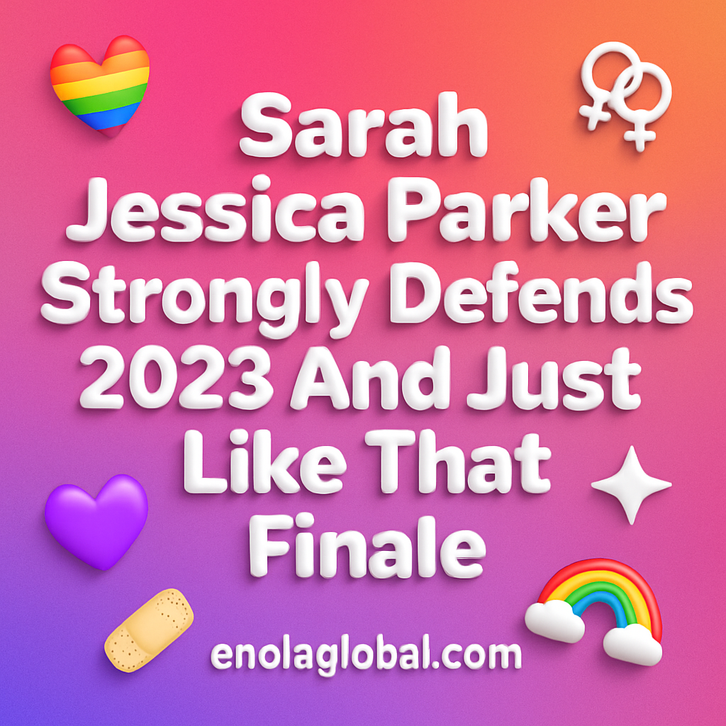 Sarah Jessica Parker Strongly Defends 2023 And Just Like That Finale Square news graphic showing a post title named "Sarah Jessica Parker Strongly Defends 2023 And Just Like That Finale" in bold white text on a pink–orange–purple gradient, with a rainbow heart, purple heart, and interlinked female symbols; enolaglobal.com at the bottom.