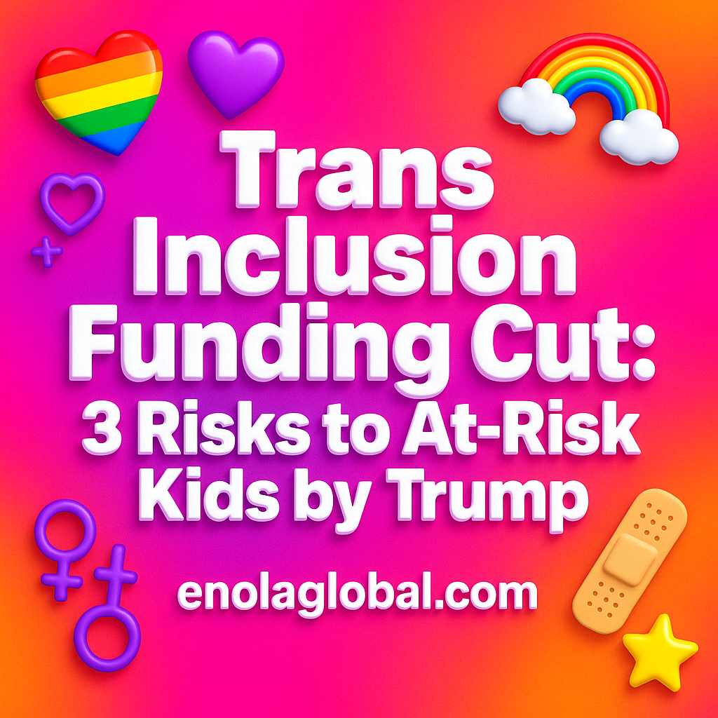 Trans Inclusion Funding Cut: 3 Risks to At-Risk Kids by Trump Square news graphic showing a post title named "Trans Inclusion Funding Cut: 3 Risks to At-Risk Kids by Trump" in bold white text on a pink–orange–purple gradient, with a rainbow heart, purple heart, and interlinked female symbols; enolaglobal.com at the bottom.
