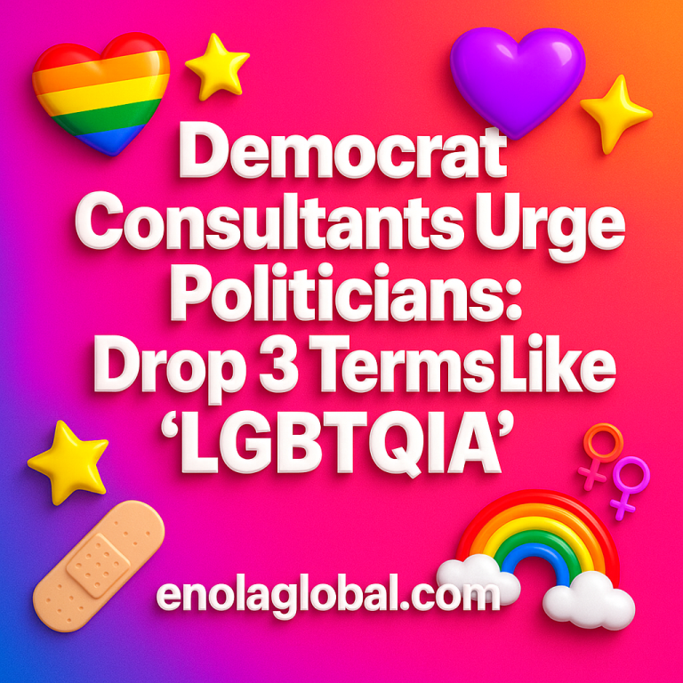 Democrat Consultants Urge Politicians: Drop 3 Terms Like ‘LGBTQIA’ Square news graphic showing a post title named "Democrat Consultants Urge Politicians: Drop 3 Terms Like ‘LGBTQIA’" in bold white text on a pink–orange–purple gradient, with a rainbow heart, purple heart, and interlinked female symbols; enolaglobal.com at the bottom.