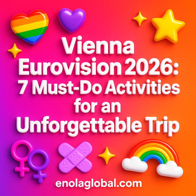 Vienna Eurovision 2026: 7 Must-Do Activities for an Unforgettable Trip Square news graphic showing a post title named "Vienna Eurovision 2026: 7 Must-Do Activities for an Unforgettable Trip" in bold white text on a pink–orange–purple gradient, with a rainbow heart, purple heart, and interlinked female symbols; enolaglobal.com at the bottom.