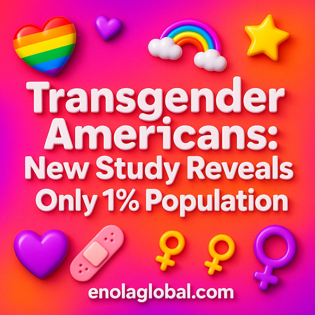 Transgender Americans: New Study Reveals Only 1% Population Square news graphic showing a post title named "Transgender Americans: New Study Reveals Only 1% Population" in bold white text on a pink–orange–purple gradient, with a rainbow heart, purple heart, and interlinked female symbols; enolaglobal.com at the bottom.
