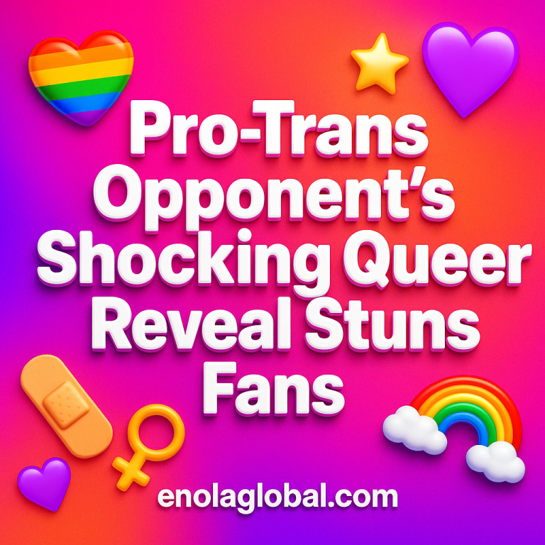 Pro-Trans Opponent’s Shocking Queer Reveal Stuns Fans Square news graphic showing a post title named "Pro-Trans Opponent’s Shocking Queer Reveal Stuns Fans" in bold white text on a pink–orange–purple gradient, with a rainbow heart, purple heart, and interlinked female symbols; enolaglobal.com at the bottom.