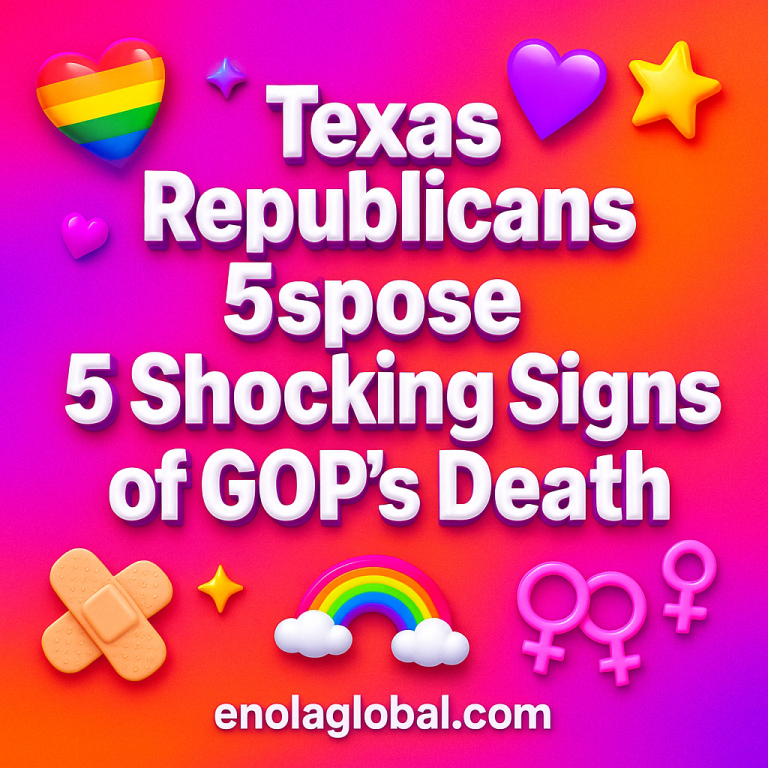 Texas Republicans Expose 5 Shocking Signs of GOP’s Death Square news graphic showing a post title named "Texas Republicans Expose 5 Shocking Signs of GOP’s Death" in bold white text on a pink–orange–purple gradient, with a rainbow heart, purple heart, and interlinked female symbols; enolaglobal.com at the bottom.