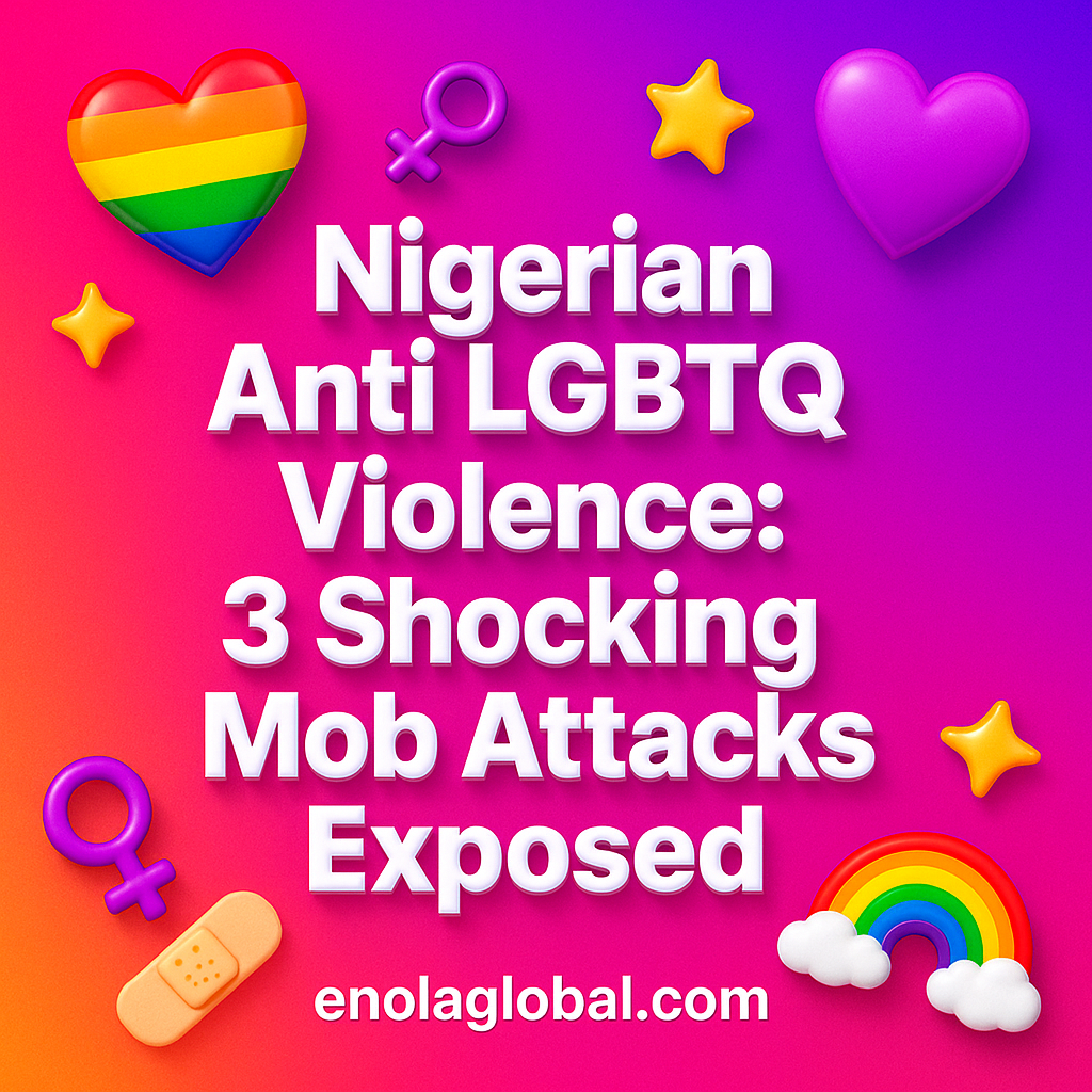 Nigerian Anti LGBTQ Violence: 3 Shocking Mob Attacks Exposed Square news graphic showing a post title named "Nigerian Anti LGBTQ Violence: 3 Shocking Mob Attacks Exposed" in bold white text on a pink–orange–purple gradient, with a rainbow heart, purple heart, and interlinked female symbols; enolaglobal.com at the bottom.