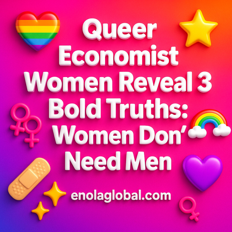 Queer Economist Women Reveal 3 Bold Truths: Women Don’t Need Men Square news graphic showing a post title named "Queer Economist Women Reveal 3 Bold Truths: Women Don’t Need Men" in bold white text on a pink–orange–purple gradient, with a rainbow heart, purple heart, and interlinked female symbols; enolaglobal.com at the bottom.