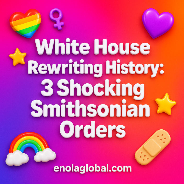 White House Rewriting History: 3 Shocking Smithsonian Orders Square news graphic showing a post title named "White House Rewriting History: 3 Shocking Smithsonian Orders" in bold white text on a pink–orange–purple gradient, with a rainbow heart, purple heart, and interlinked female symbols; enolaglobal.com at the bottom.