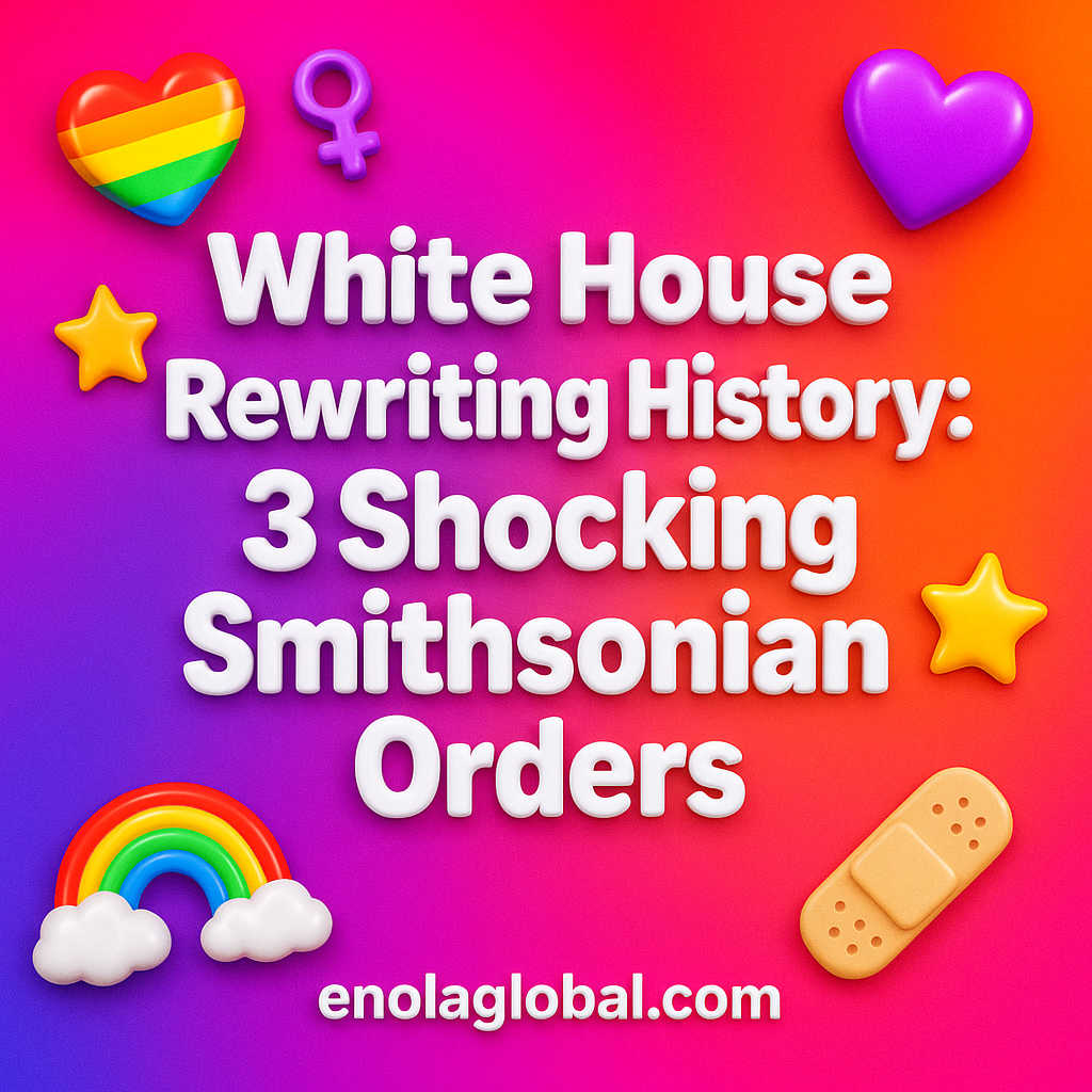 White House Rewriting History: 3 Shocking Smithsonian Orders Square news graphic showing a post title named "White House Rewriting History: 3 Shocking Smithsonian Orders" in bold white text on a pink–orange–purple gradient, with a rainbow heart, purple heart, and interlinked female symbols; enolaglobal.com at the bottom.