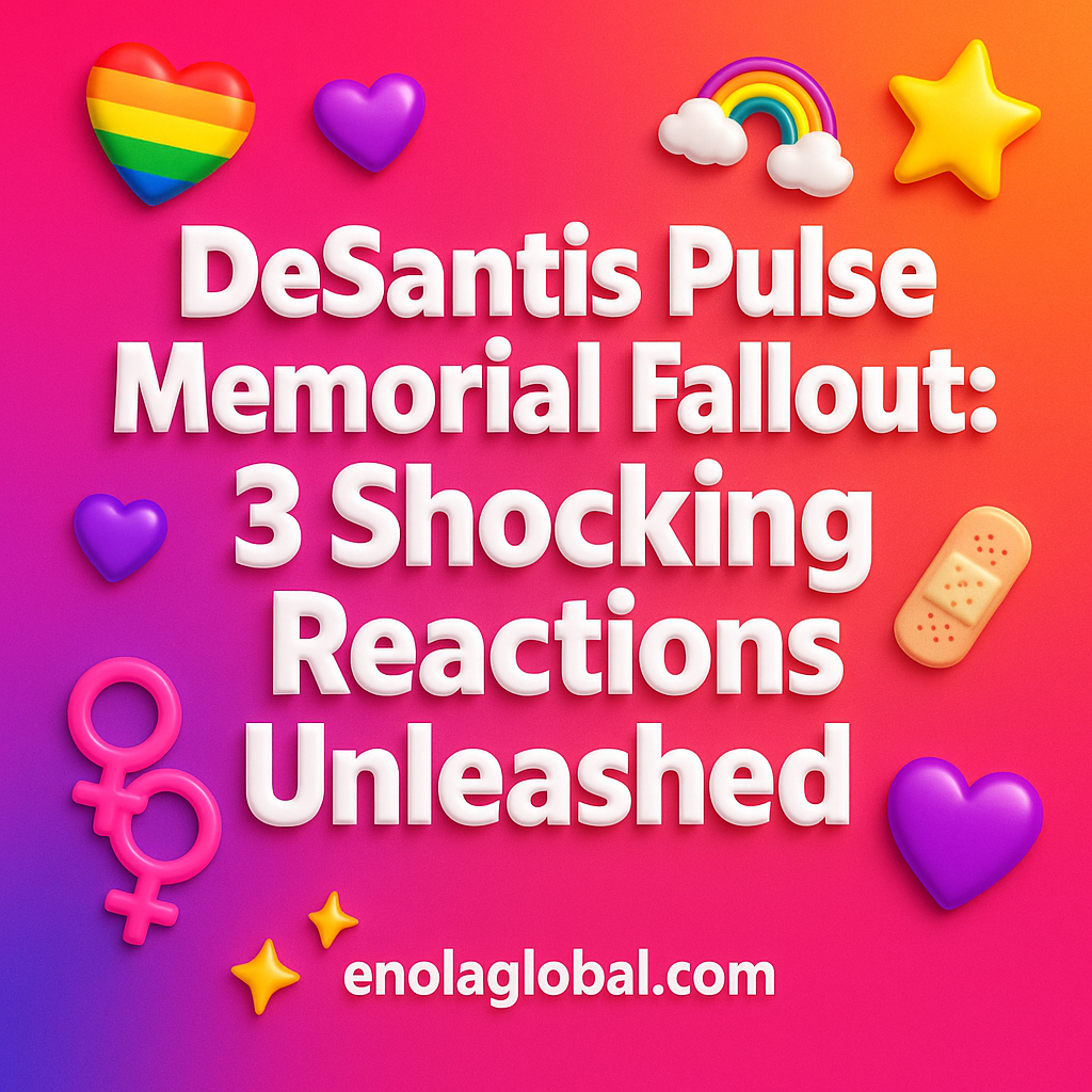 DeSantis Pulse Memorial Fallout: 3 Shocking Reactions Unleashed Square news graphic showing a post title named "DeSantis Pulse Memorial Fallout: 3 Shocking Reactions Unleashed" in bold white text on a pink–orange–purple gradient, with a rainbow heart, purple heart, and interlinked female symbols; enolaglobal.com at the bottom.