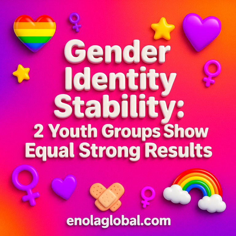 Gender Identity Stability: 2 Youth Groups Show Equal Strong Results Square news graphic showing a post title named "Gender Identity Stability: 2 Youth Groups Show Equal Strong Results" in bold white text on a pink–orange–purple gradient, with a rainbow heart, purple heart, and interlinked female symbols; enolaglobal.com at the bottom.