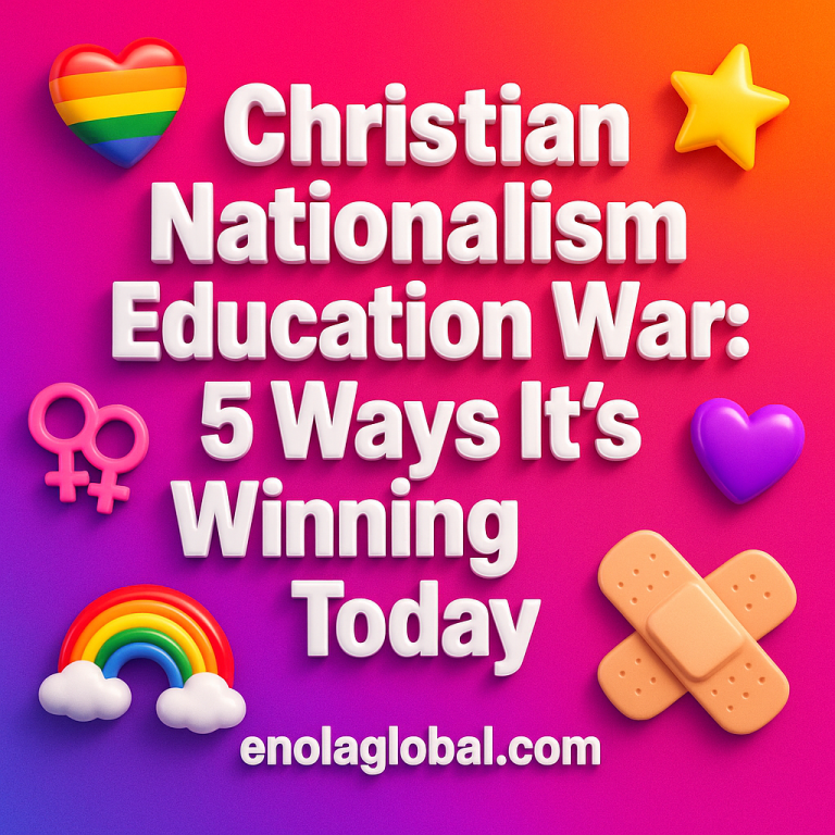 Christian Nationalism Education War: 5 Ways It’s Winning Today Square news graphic showing a post title named "Christian Nationalism Education War: 5 Ways It’s Winning Today" in bold white text on a pink–orange–purple gradient, with a rainbow heart, purple heart, and interlinked female symbols; enolaglobal.com at the bottom.