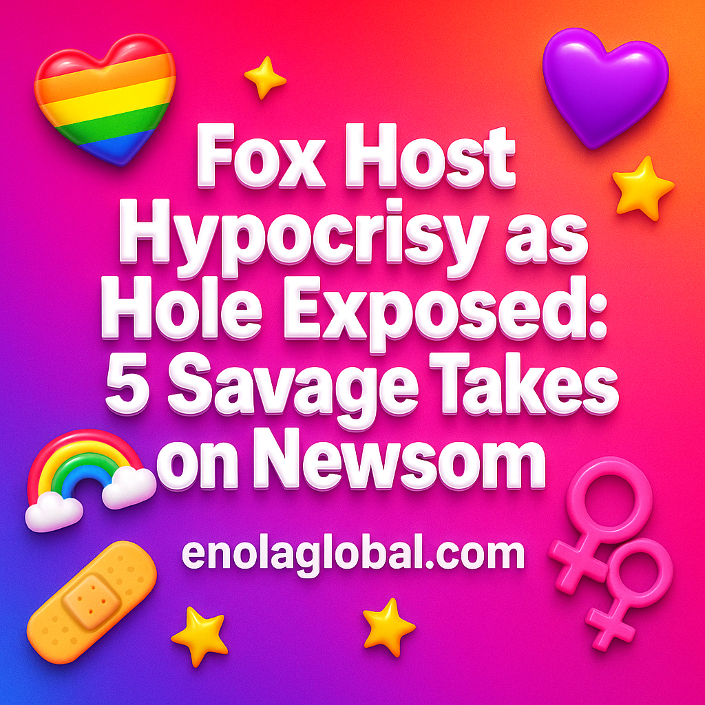 Fox Host Hypocrisy as Hole Exposed: 5 Savage Takes on Newsom Square news graphic showing a post title named "Fox Host Hypocrisy as Hole Exposed: 5 Savage Takes on Newsom" in bold white text on a pink–orange–purple gradient, with a rainbow heart, purple heart, and interlinked female symbols; enolaglobal.com at the bottom.