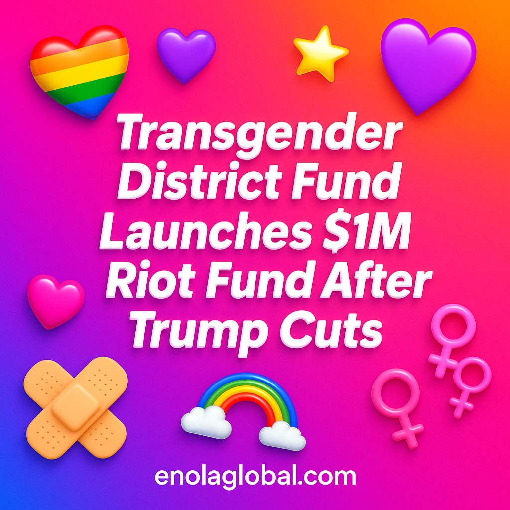 Transgender District Fund Launches $1M Riot Fund After Trump Cuts Square news graphic showing a post title named "Transgender District Fund Launches $1M Riot Fund After Trump Cuts" in bold white text on a pink–orange–purple gradient, with a rainbow heart, purple heart, and interlinked female symbols; enolaglobal.com at the bottom.