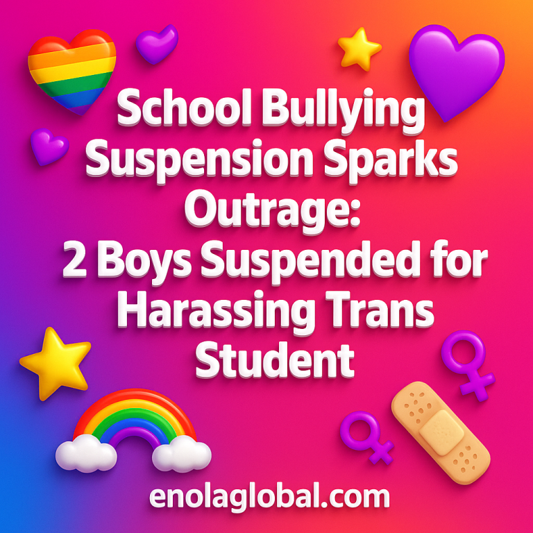 School Bullying Suspension Sparks Outrage: 2 Boys Suspended for Harassing Trans Student Square news graphic showing a post title named "School Bullying Suspension Sparks Outrage: 2 Boys Suspended for Harassing Trans Student" in bold white text on a pink–orange–purple gradient, with a rainbow heart, purple heart, and interlinked female symbols; enolaglobal.com at the bottom.