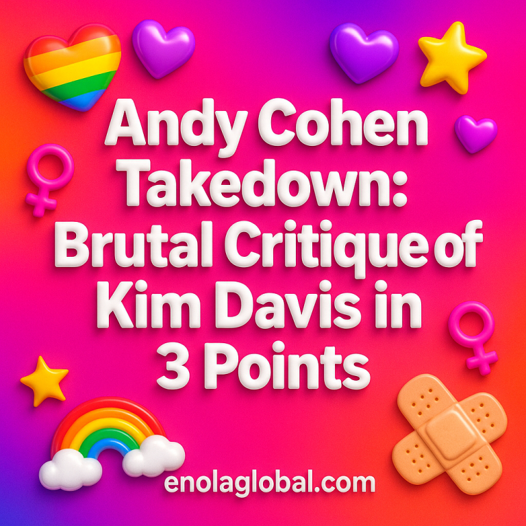 Andy Cohen Takedown: Brutal Critique of Kim Davis in 3 Points Square news graphic showing a post title named "Andy Cohen Takedown: Brutal Critique of Kim Davis in 3 Points" in bold white text on a pink–orange–purple gradient, with a rainbow heart, purple heart, and interlinked female symbols; enolaglobal.com at the bottom.