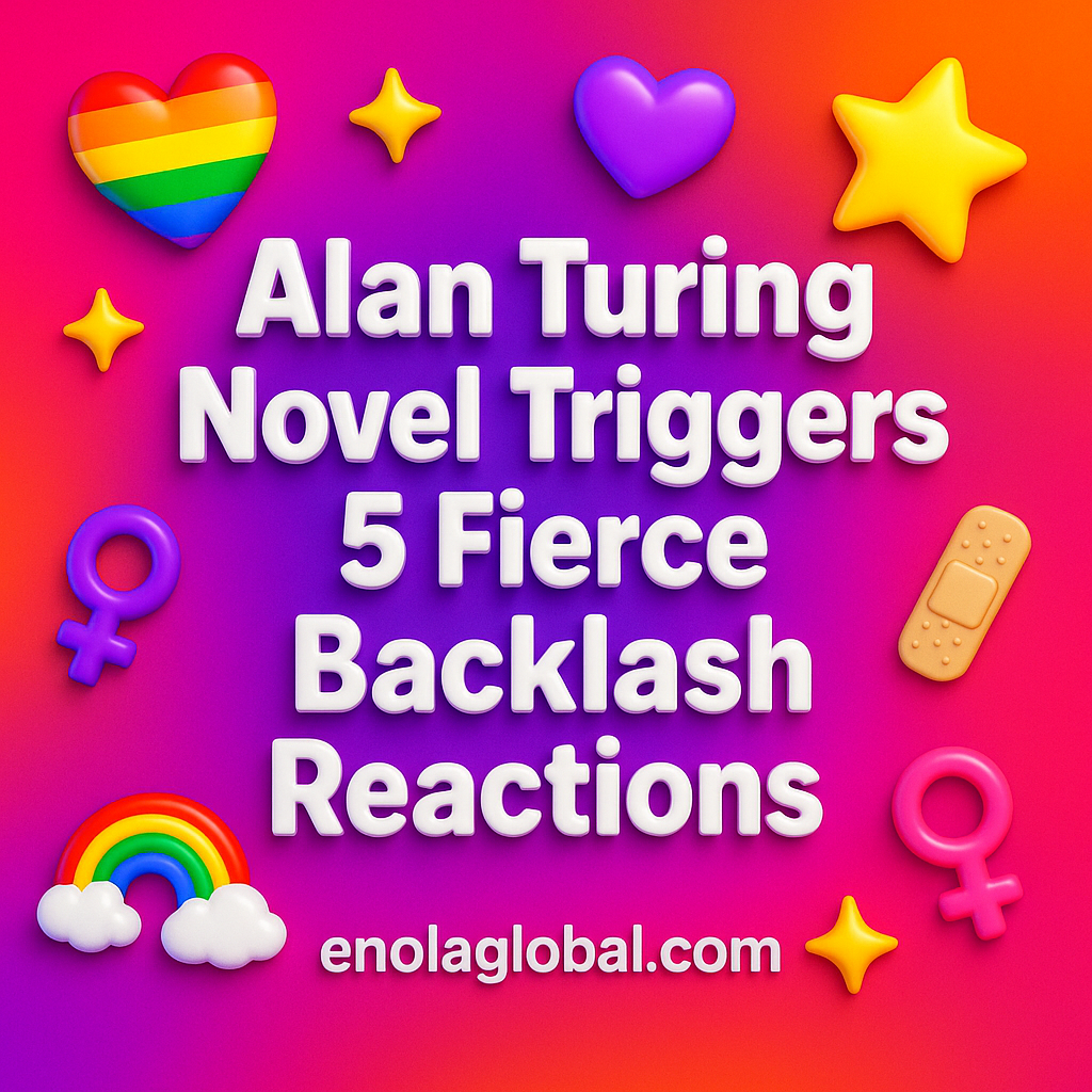 Alan Turing Novel Triggers 5 Fierce Backlash Reactions Square news graphic showing a post title named "Alan Turing Novel Triggers 5 Fierce Backlash Reactions" in bold white text on a pink–orange–purple gradient, with a rainbow heart, purple heart, and interlinked female symbols; enolaglobal.com at the bottom.