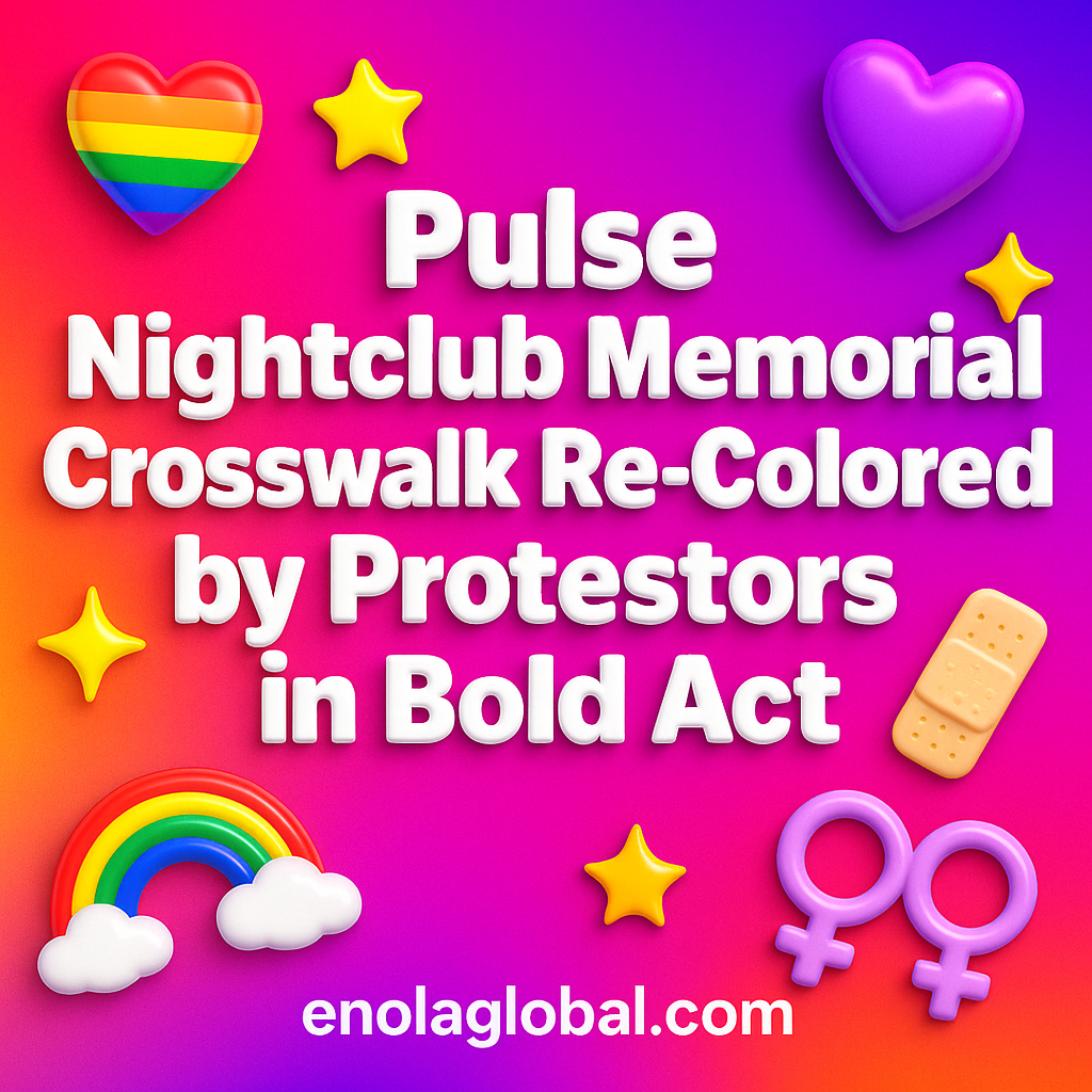 Pulse Nightclub Memorial Crosswalk Re-Colored by Protestors in Bold Act Square news graphic showing a post title named "Pulse Nightclub Memorial Crosswalk Re-Colored by Protestors in Bold Act" in bold white text on a pink–orange–purple gradient, with a rainbow heart, purple heart, and interlinked female symbols; enolaglobal.com at the bottom.