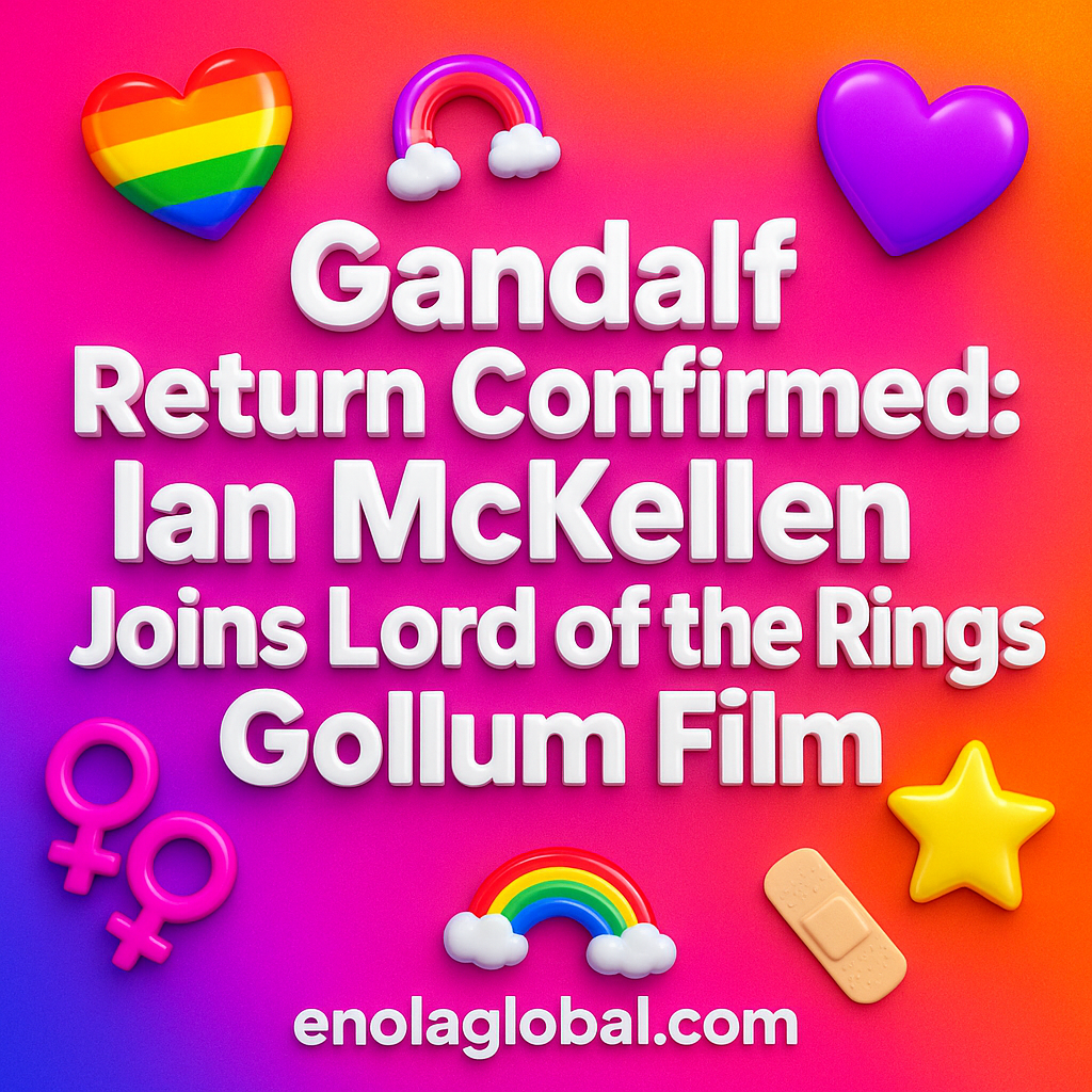 Gandalf Return Confirmed: Ian McKellen Joins Lord of the Rings Gollum Film Square news graphic showing a post title named "Gandalf Return Confirmed: Ian McKellen Joins Lord of the Rings Gollum Film" in bold white text on a pink–orange–purple gradient, with a rainbow heart, purple heart, and interlinked female symbols; enolaglobal.com at the bottom.