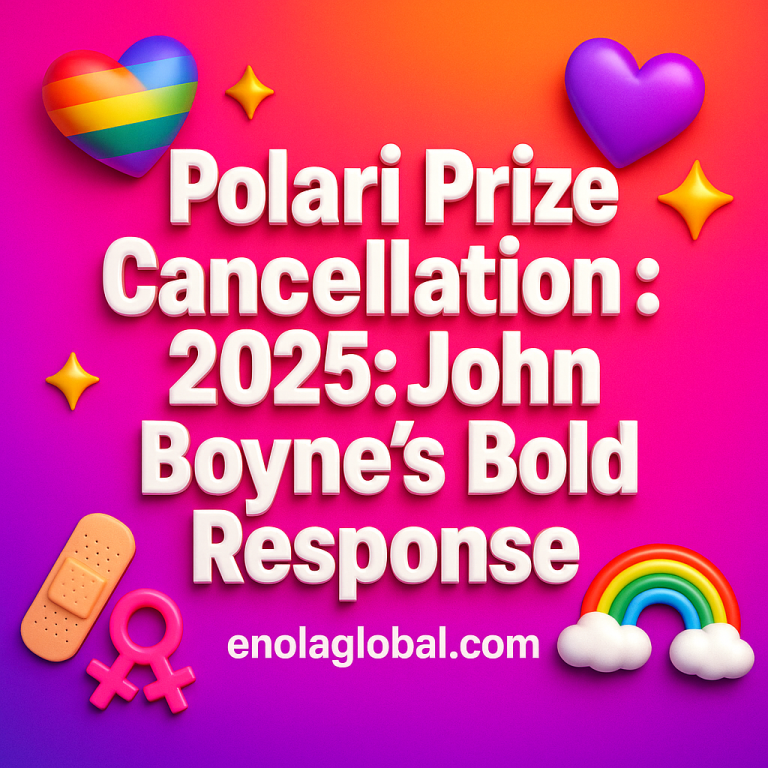 Polari Prize Cancellation 2025: John Boyne’s Bold Response Square news graphic showing a post title named "Polari Prize Cancellation 2025: John Boyne’s Bold Response" in bold white text on a pink–orange–purple gradient, with a rainbow heart, purple heart, and interlinked female symbols; enolaglobal.com at the bottom.