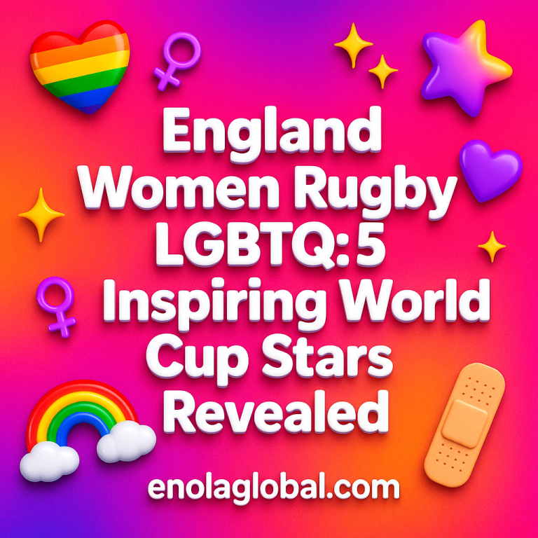 England Women Rugby LGBTQ: 5 Inspiring World Cup Stars Revealed Square news graphic showing a post title named "England Women Rugby LGBTQ: 5 Inspiring World Cup Stars Revealed" in bold white text on a pink–orange–purple gradient, with a rainbow heart, purple heart, and interlinked female symbols; enolaglobal.com at the bottom.