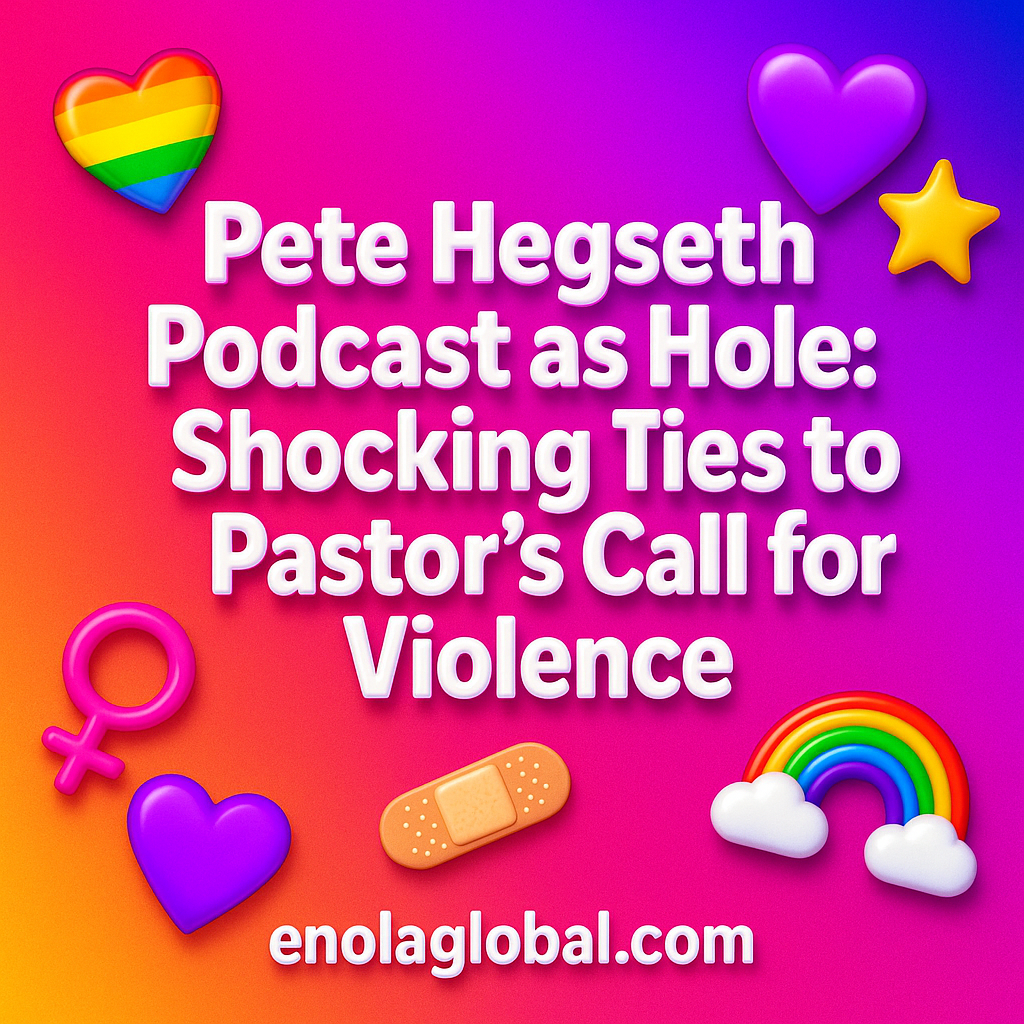 Pete Hegseth Podcast as Hole: Shocking Ties to Pastor’s Call for Violence Square news graphic showing a post title named "Pete Hegseth Podcast as Hole: Shocking Ties to Pastor’s Call for Violence" in bold white text on a pink–orange–purple gradient, with a rainbow heart, purple heart, and interlinked female symbols; enolaglobal.com at the bottom.