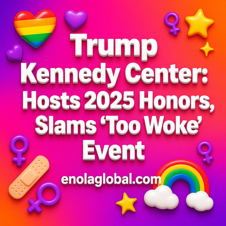 Trump Kennedy Center: Hosts 2025 Honors, Slams ‘Too Woke’ Event Square news graphic showing a post title named "Trump Kennedy Center: Hosts 2025 Honors, Slams ‘Too Woke’ Event" in bold white text on a pink–orange–purple gradient, with a rainbow heart, purple heart, and interlinked female symbols; enolaglobal.com at the bottom.
