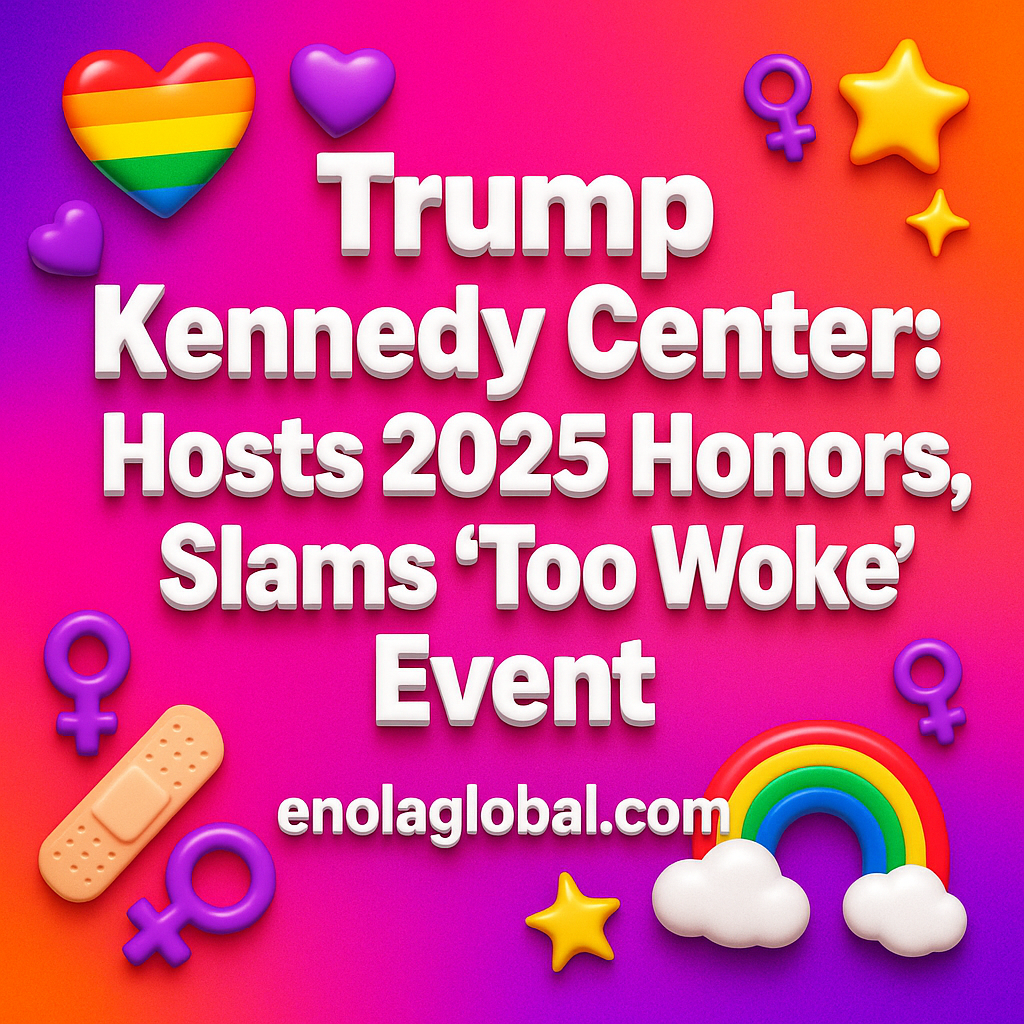 Trump Kennedy Center: Hosts 2025 Honors, Slams ‘Too Woke’ Event Square news graphic showing a post title named "Trump Kennedy Center: Hosts 2025 Honors, Slams ‘Too Woke’ Event" in bold white text on a pink–orange–purple gradient, with a rainbow heart, purple heart, and interlinked female symbols; enolaglobal.com at the bottom.
