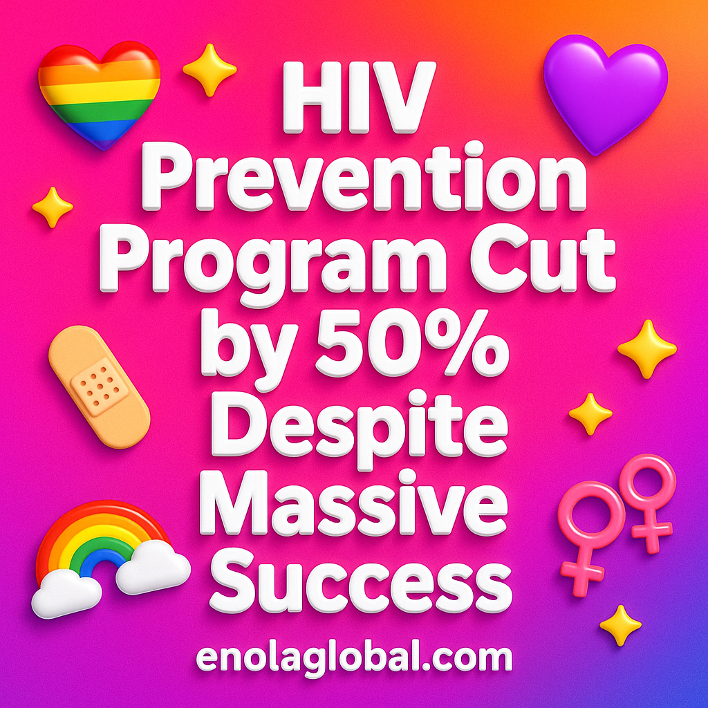 HIV Prevention Program Cut by 50% Despite Massive Success Square news graphic showing a post title named "HIV Prevention Program Cut by 50% Despite Massive Success" in bold white text on a pink–orange–purple gradient, with a rainbow heart, purple heart, and interlinked female symbols; enolaglobal.com at the bottom.