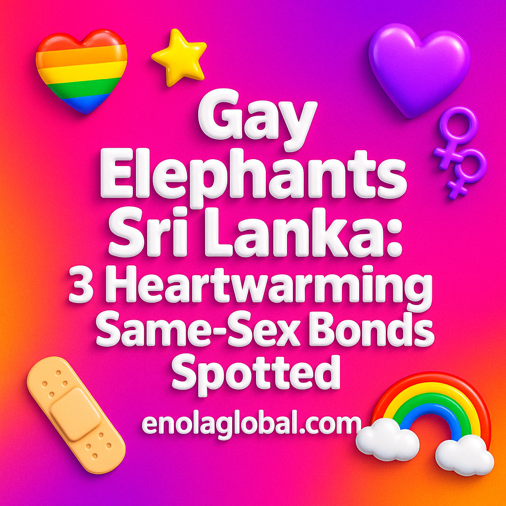 Gay Elephants Sri Lanka: 3 Heartwarming Same-Sex Bonds Spotted Square news graphic showing a post title named "Gay Elephants Sri Lanka: 3 Heartwarming Same-Sex Bonds Spotted" in bold white text on a pink–orange–purple gradient, with a rainbow heart, purple heart, and interlinked female symbols; enolaglobal.com at the bottom.