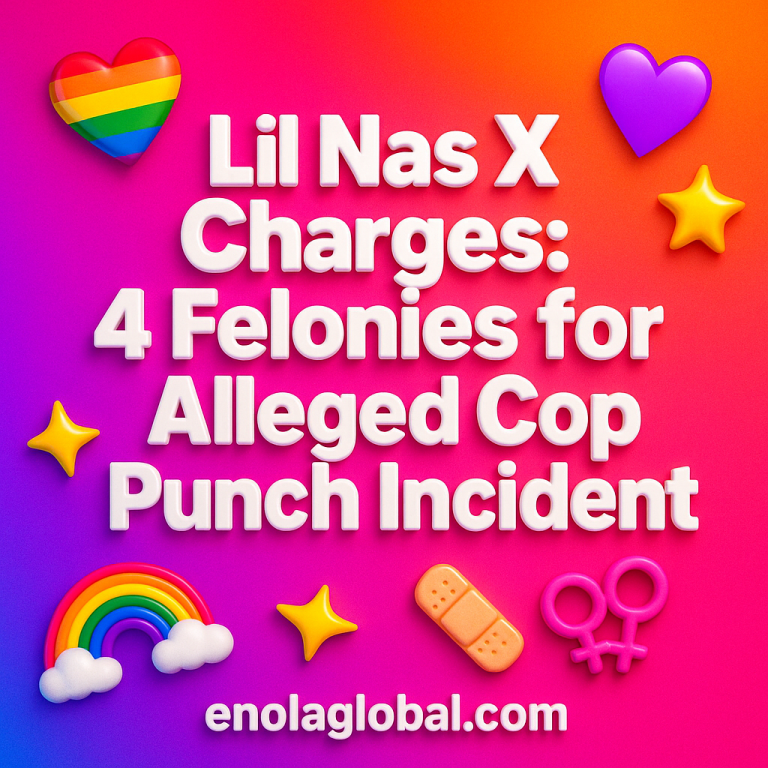 Lil Nas X Charges: 4 Felonies for Alleged Cop Punch Incident Square news graphic showing a post title named "Lil Nas X Charges: 4 Felonies for Alleged Cop Punch Incident" in bold white text on a pink–orange–purple gradient, with a rainbow heart, purple heart, and interlinked female symbols; enolaglobal.com at the bottom.