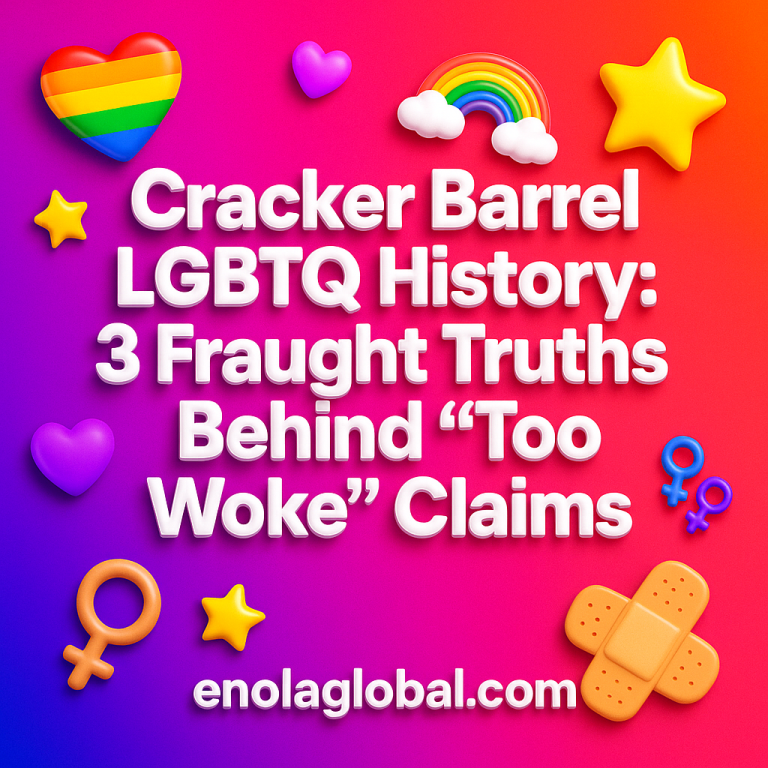 Cracker Barrel LGBTQ History: 3 Fraught Truths Behind "Too Woke" Claims Square news graphic showing a post title named "Cracker Barrel LGBTQ History: 3 Fraught Truths Behind "Too Woke" Claims" in bold white text on a pink–orange–purple gradient, with a rainbow heart, purple heart, and interlinked female symbols; enolaglobal.com at the bottom.