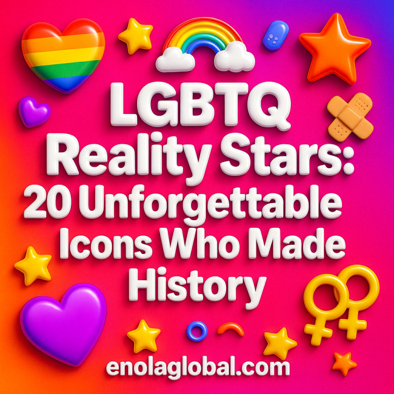 LGBTQ Reality Stars: 20 Unforgettable Icons Who Made History Square news graphic showing a post title named "LGBTQ Reality Stars: 20 Unforgettable Icons Who Made History" in bold white text on a pink–orange–purple gradient, with a rainbow heart, purple heart, and interlinked female symbols; enolaglobal.com at the bottom.