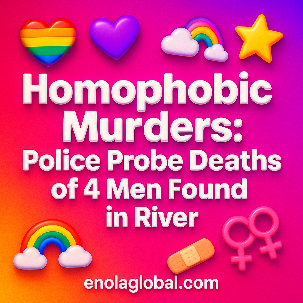 Homophobic Murders: Police Probe Deaths of 4 Men Found in River Square news graphic showing a post title named "Homophobic Murders: Police Probe Deaths of 4 Men Found in River" in bold white text on a pink–orange–purple gradient, with a rainbow heart, purple heart, and interlinked female symbols; enolaglobal.com at the bottom.