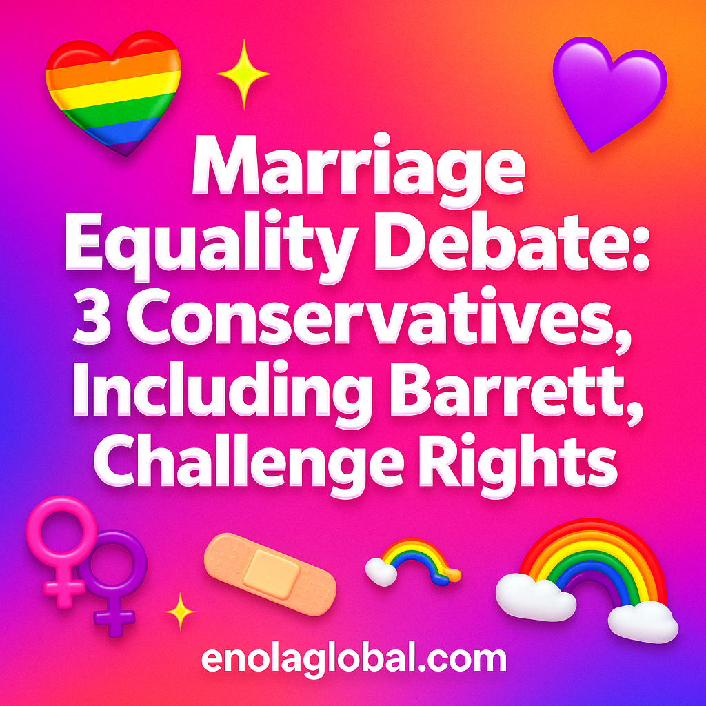 Marriage Equality Debate: 3 Conservatives, Including Barrett, Challenge Rights Square news graphic showing a post title named "Marriage Equality Debate: 3 Conservatives, Including Barrett, Challenge Rights" in bold white text on a pink–orange–purple gradient, with a rainbow heart, purple heart, and interlinked female symbols; enolaglobal.com at the bottom.