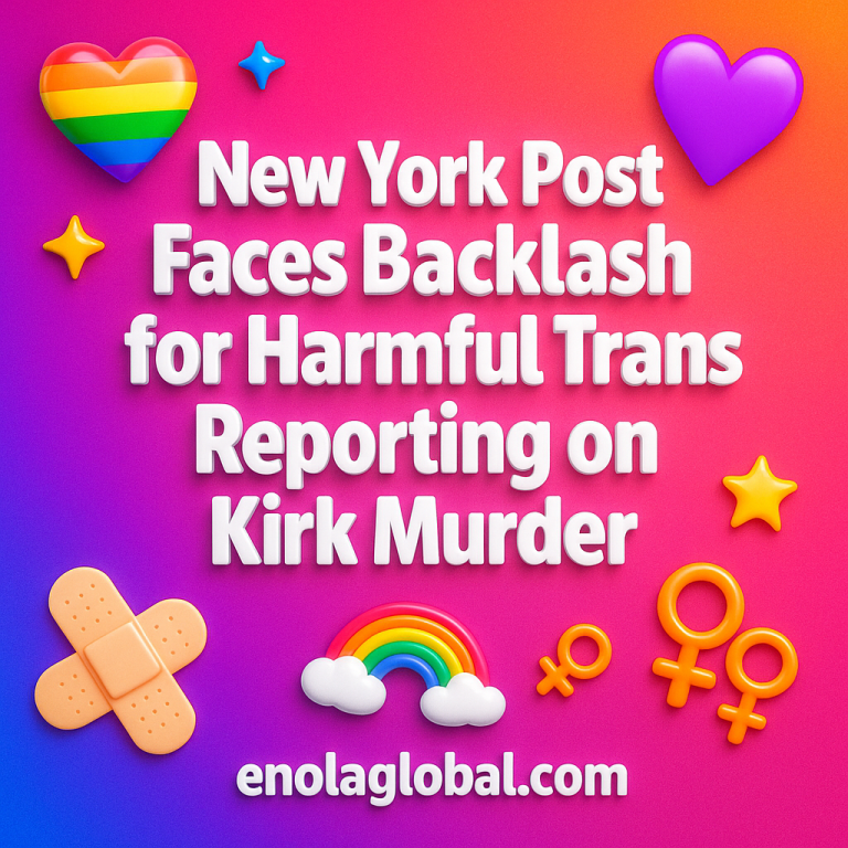 New York Post Faces Backlash for Harmful Trans Reporting on Kirk Murder Square news graphic showing a post title named "New York Post Faces Backlash for Harmful Trans Reporting on Kirk Murder" in bold white text on a pink–orange–purple gradient, with a rainbow heart, purple heart, and interlinked female symbols; enolaglobal.com at the bottom.