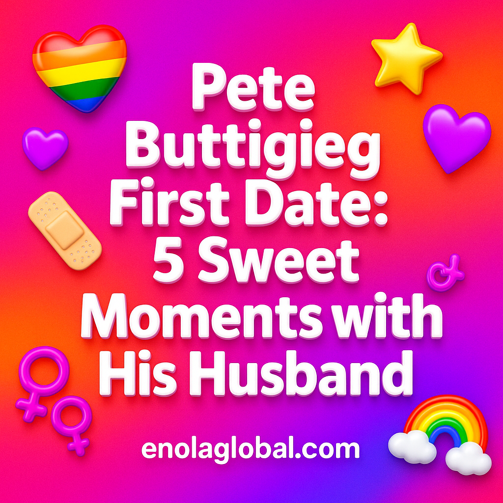 Pete Buttigieg First Date: 5 Sweet Moments with His Husband Square news graphic showing a post title named "Pete Buttigieg First Date: 5 Sweet Moments with His Husband" in bold white text on a pink–orange–purple gradient, with a rainbow heart, purple heart, and interlinked female symbols; enolaglobal.com at the bottom.