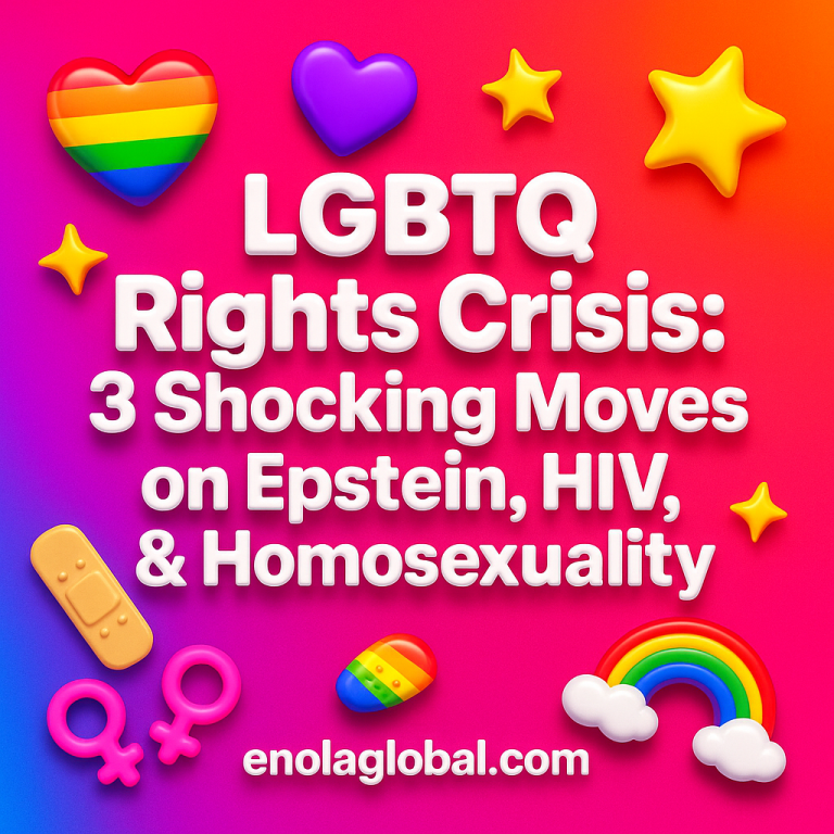 LGBTQ Rights Crisis: 3 Shocking Moves on Epstein, HIV, & Homosexuality Square news graphic showing a post title named "LGBTQ Rights Crisis: 3 Shocking Moves on Epstein, HIV, & Homosexuality" in bold white text on a pink–orange–purple gradient, with a rainbow heart, purple heart, and interlinked female symbols; enolaglobal.com at the bottom.